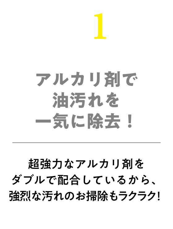 ベトベト油汚れを一気に除去！強力す水酸化ナトリウムと水酸化カリウムの配合で、強力な汚れのお掃除もラクラク！