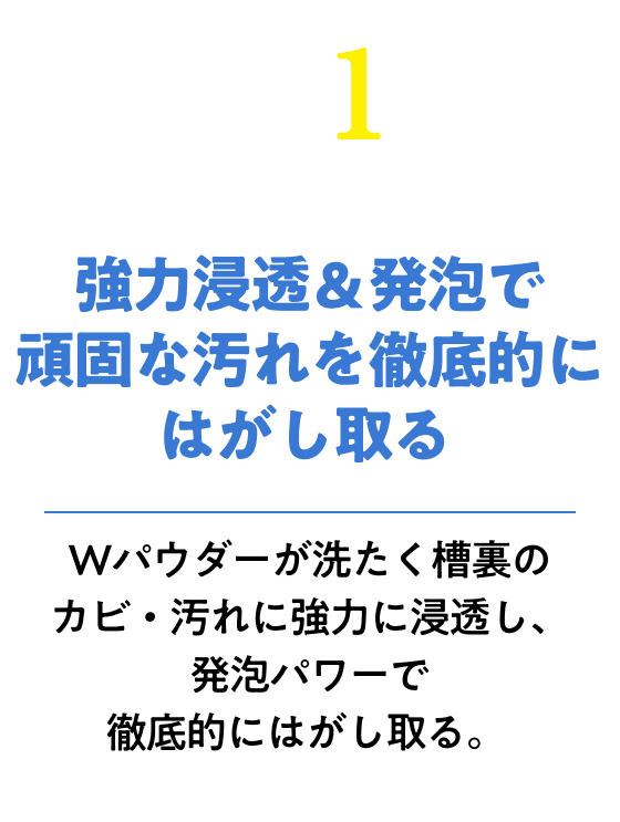 強力浸透＆発泡で頑固な汚れを徹底的にはがし取る！Wパウダーが洗たく槽裏のカビ・汚れに強力に浸透し、発泡パワーで徹底的にはがし取る。