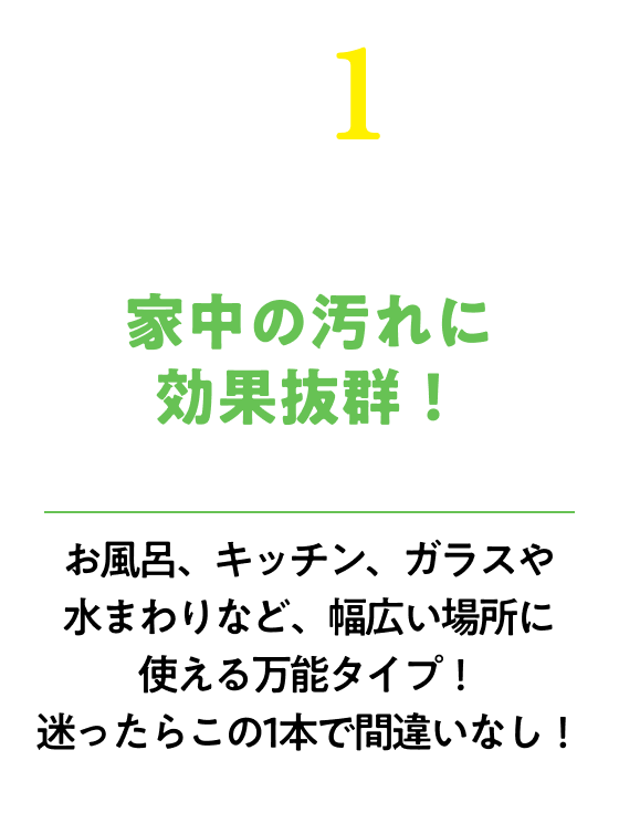 お家中の汚れに効果抜群！ガラスやトイレ、水まわりなど、あらゆる場所につ開ける万能タイプ！迷ったらこの一本で間違いなし！