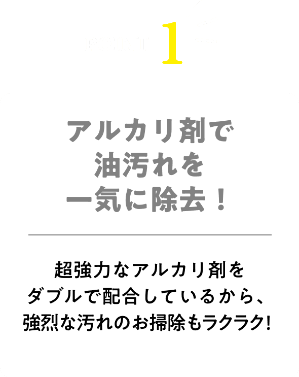 ベトベト油汚れを一気に除去！強力す水酸化ナトリウムと水酸化カリウムの配合で、強力な汚れのお掃除もラクラク！