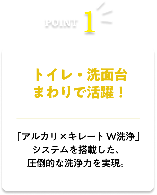 トイレ・洗面台まわりで活躍！「アルカリ×キレート W洗浄」システムを搭載した、圧倒的な洗浄力を実現。