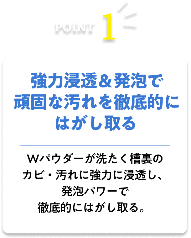 強力浸透＆発泡で頑固な汚れを徹底的にはがし取る！Wパウダーが洗たく槽裏のカビ・汚れに強力に浸透し、発泡パワーで徹底的にはがし取る。