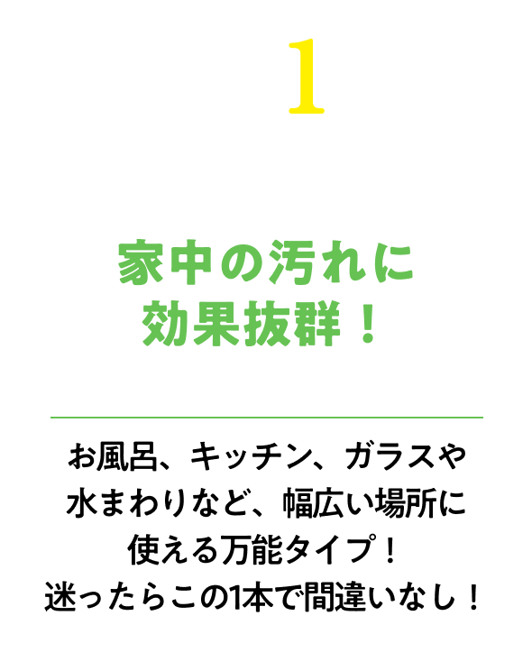 お家中の汚れに効果抜群！ガラスやトイレ、水まわりなど、あらゆる場所につ開ける万能タイプ！迷ったらこの一本で間違いなし！