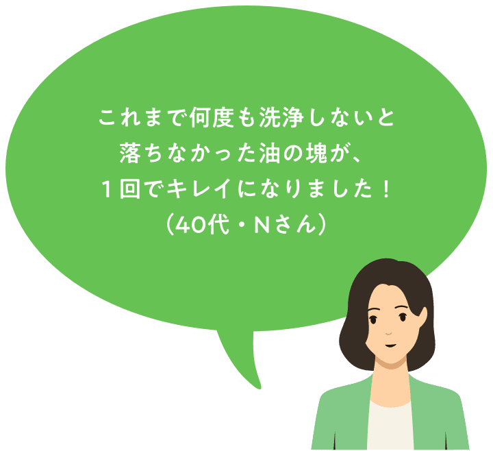 これまで何度も洗浄しないと落ちなかった油の塊が、一回でキレイになりました！（のんミ☆さん）