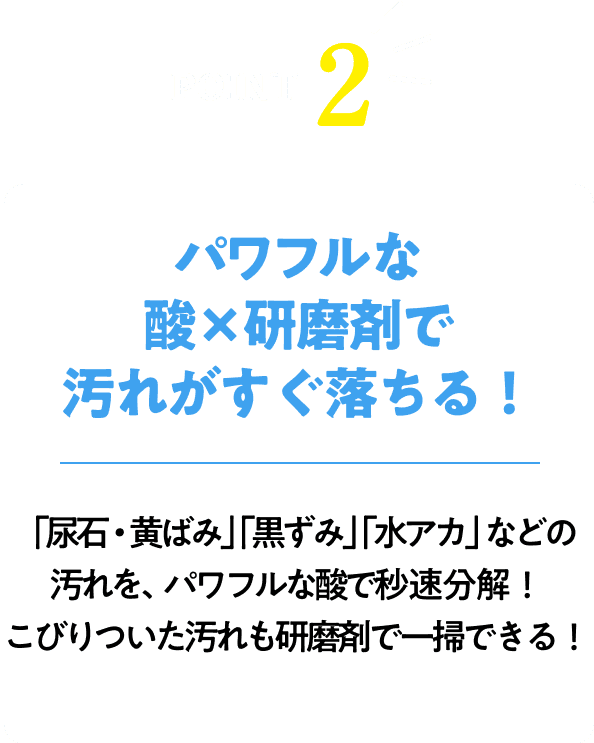 パワフルな酸x研磨剤で汚れがすぐ落ちる！「尿石・黄ばみ」「水アカ」「黒ずみ」などの汚れを、強力な酸で秒速分解！こびりついた汚れも研磨剤で一掃できる！