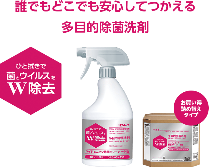 誰でもどこでも安心してつかえる 多目的除菌洗剤 ひと拭きで菌とウイルスをW除去 お買い得詰め替えタイプ